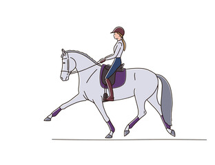 Horse riding dressage vector illustration. Equestrian rider trotting horse