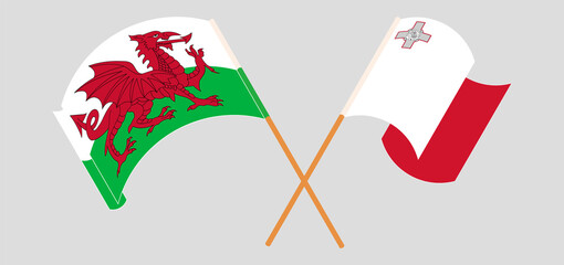 Crossed and waving flags of Wales and Malta