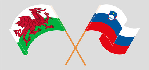 Crossed and waving flags of Wales and Slovenia