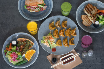 Aerial view of a variety of food , salad nad vegans and. Vegetarian food from top view.