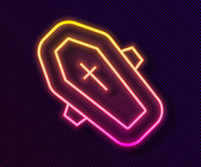 Glowing neon line Coffin with christian cross icon isolated on black background. Happy Halloween party. Vector