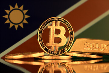 Physical version of Bitcoin, gold bar and Namibia Flag.