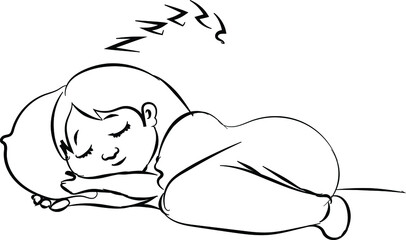 woman sleeping on pillow peacefully  - line art drawing, doodle style illustration
