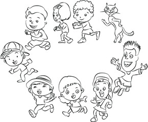 Happy group of peoples in circle. Doodle style line art illustration.