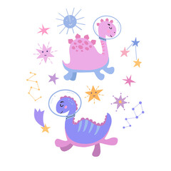 Image of cute cartoon dinosaurs in cosmos, vector graphics, on a white background. For the design of postcards, posters, prints for t-shirts, mugs, notebook covers, posters, postcards, banners