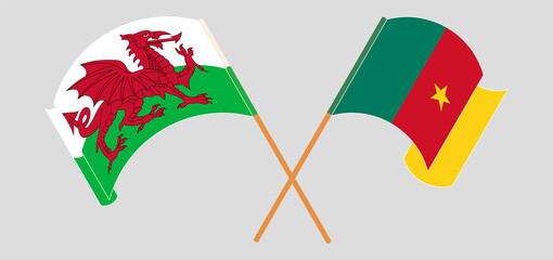 Crossed and waving flags of Wales and Cameroon