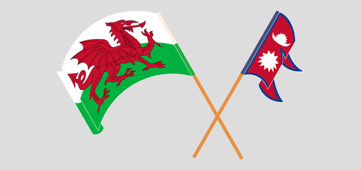 Crossed and waving flags of Wales and Nepal