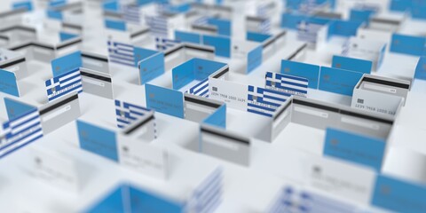 Obraz premium Fictional credit card maze with flag of Greece. Financial difficulties related 3D rendering