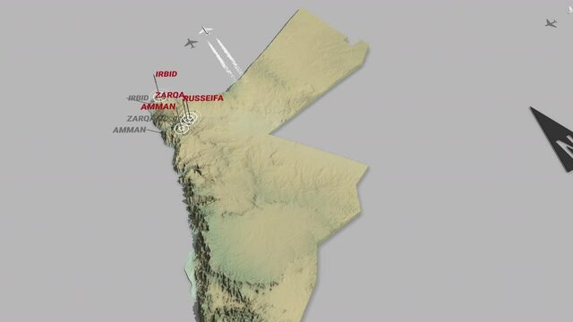 Seamless looping animation of the 3d terrain map of Jordan with the capital and the biggest cites in 4K resolution