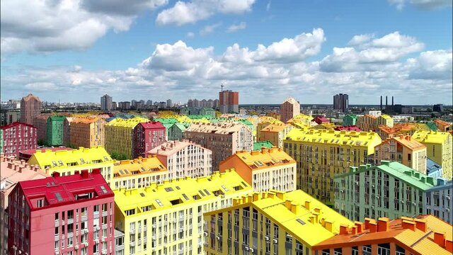 Colorful bright roofs of houses in a residential quarter of smart houses in Kyiv