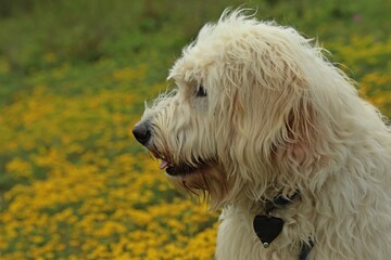 Neun Monate alter Goldendoodle auf Wiese