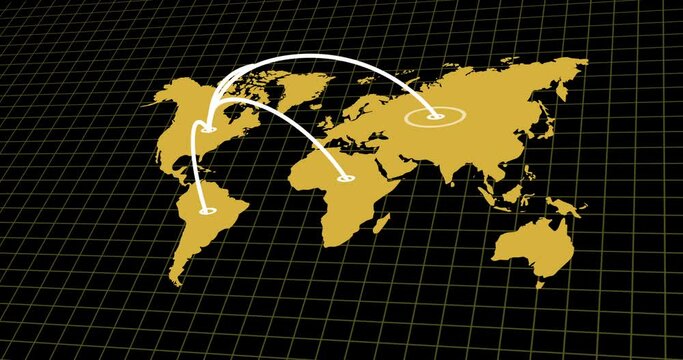4K animation of the ability to deliver products and services around the world. Distribution of products and services schematically depicted on a world map from USA to other continents.