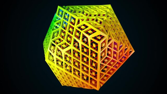 Geometric 3d render lattice polygon with pyramidal elements with face reshaping tracery. Energetic metatron forming futuristic crystal. Digital cube is constantly altering shape.