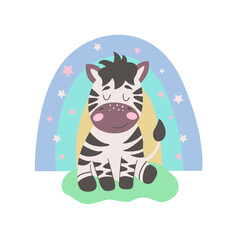 Image with cute cartoon zebra on a colorful rainbow. Vector graphics on a white background. For the design of posters, postcards, notebook covers, childrens illustrations, prints for mugs