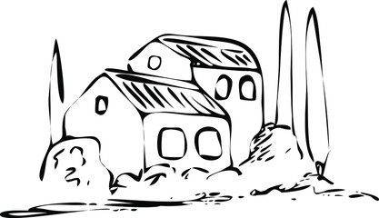 Country houses, farm, farm houses. Hand drawn vector illustrations. Monochrome engraving technique.
