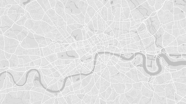 White and light grey London city area vector background map, streets and water cartography illustration.