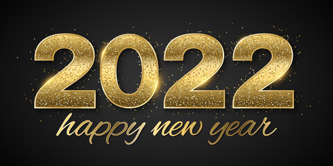 Happy new year 2022. Golden glittering numbers with sequins on a dark background. Christmas cover. Light effect. Festive template. Greeting card design for the holiday.