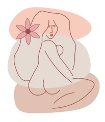Absract line woman on color background with flower in hair