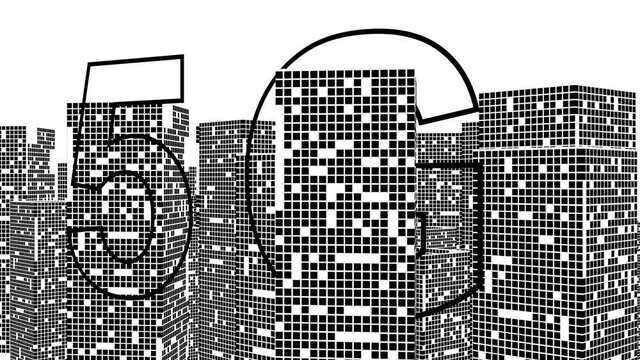 3D Smart City and communication network. Black and white model of the city. Kamer movement
