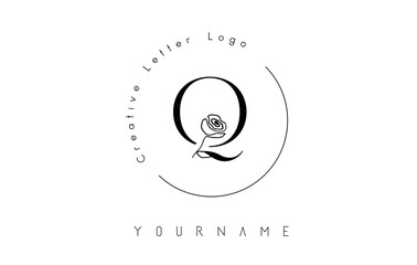 Creative initial letter Q logo with lettering circle and hand drawn rose. Floral element and elegant letter Q.
