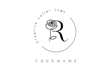 Creative initial letter R logo with lettering circle and hand drawn rose. Floral element and elegant letter R. Vector illustration for natural, eco, jewelry, fashion, personal or corporate branding.