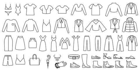 Set of vector icons with clothes. Women apparel. Line icons for app and website. Black linear fashion collection