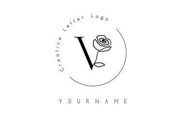 Creative initial letter V logo with lettering circle and hand drawn rose. Floral element and elegant letter V. Vector illustration for natural, eco, jewelry, fashion, personal or corporate branding.