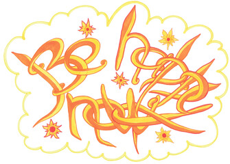 Bright sunny yellow-orange interlaced graffiti letters and stylized images of the sun with a red center. A series of lettering to enhance vitality. Be happy now. 
