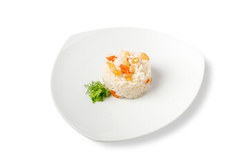 rice with vegetables and herbs for garnish. white plate and white background