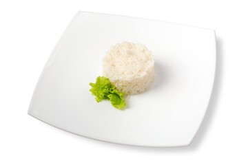 garnish of white rice with herbs. white background and white plate.