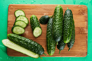 Set of fresh whole and sliced cucumbers on a wooden board with water drops. Garden cucumber wallpaper backdrop design