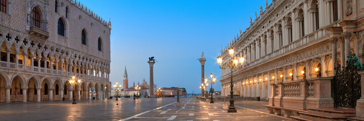 Fototapeta na wymiar Banner, San Marco square at night, early morning. Venice or Venezia city, Italy, Europe. Panoramic composition, illuminated architecture, romantic street lights.