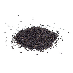 Black sesame seeds heap for cooking isolated on white background.