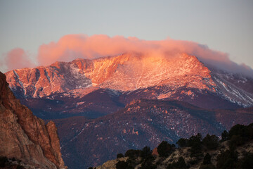 Sunrise shining on the mountains at Garden of the Gods in Colorado Springs, Colorado.