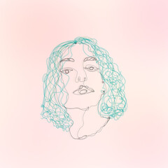 one line illustration of green hair woman on pastel pink background, abstract modern contemporary digital minimalism art