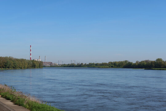 Warsaw, Poland. Vistula river and power plant Zeran in the distance