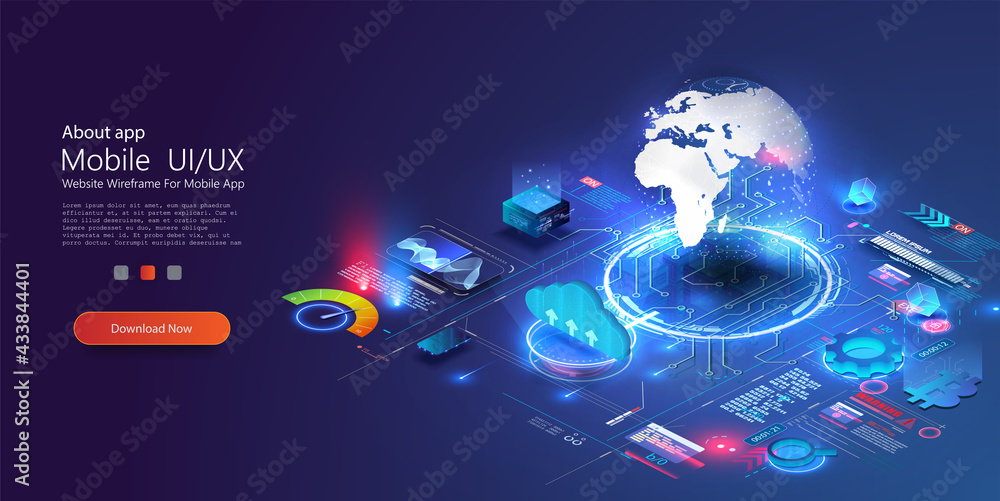 Poster world wide web via wireless satellite network technology. digital connection at clouds services of a