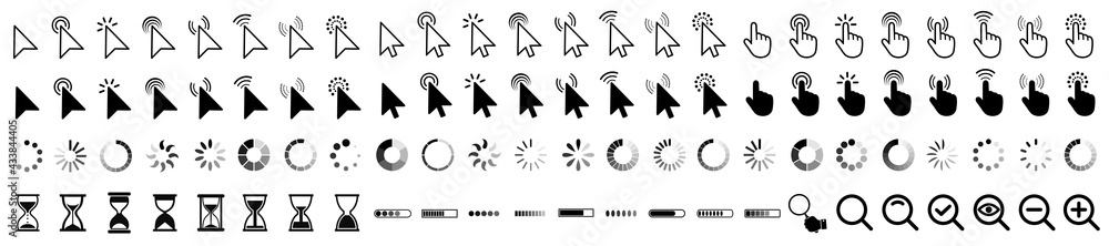 Aufkleber Set of flat cursor icons in hand and arrow form. Mouse click cursor set. Arrow and hand pointer, loading, progress – vector