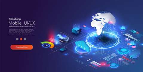 World wide web via wireless satellite network technology. digital connection at clouds services of all earth. Global network technology in isometric illustration. World internet connection.