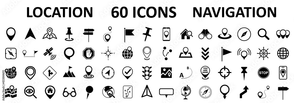 Poster Location set icons, navigation signs, GPS location symbols, collection map pointer icons - stock vector