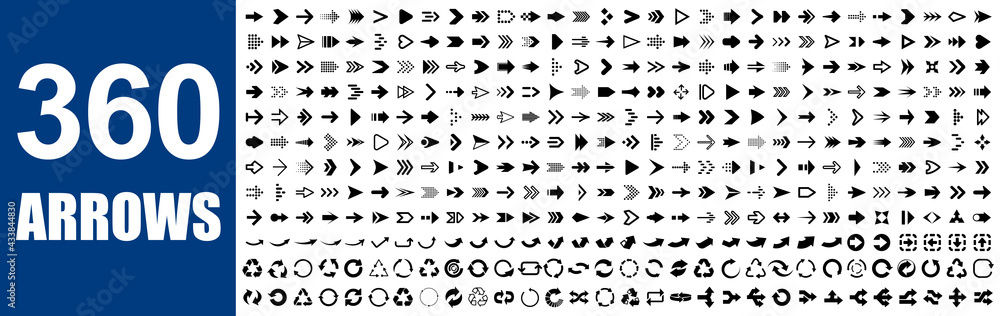 Poster Set 360 arrow icons. Collection different arrows sign. Set different cursor arrow direction symbols in flat style. Black arrows icons – stock vector