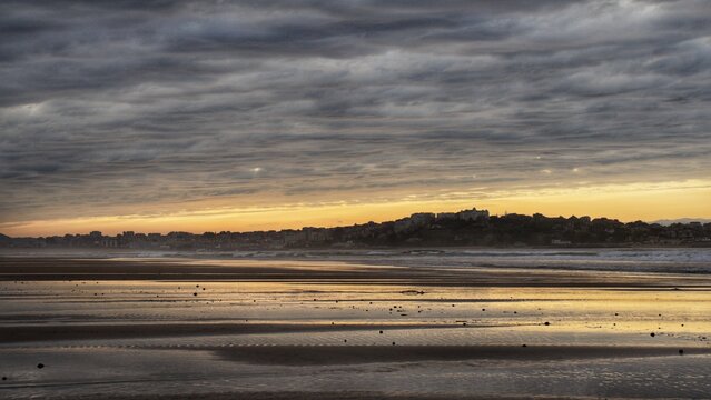 sunset over the cantabrico sea, somo, cantabria, north spain