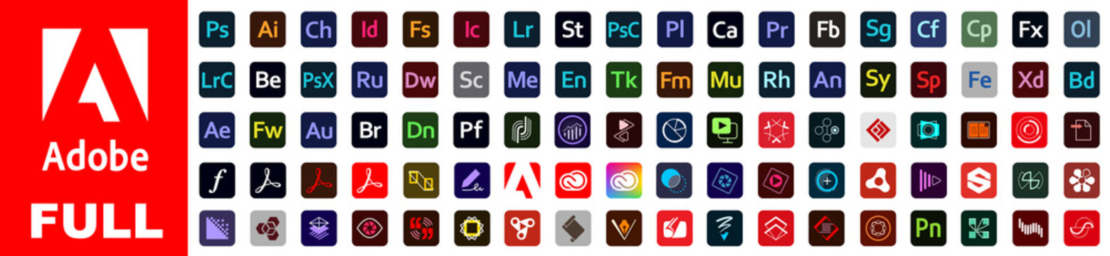 Kiev, Ukraine - May 15, 2021: Set button icons Adobe products: Photoshop, Illustrator, InDesign, Acrobat DC, Premiere Pro, Lightroom, After Effects, Dreamweaver, Creative Cloud. Editorial vector.