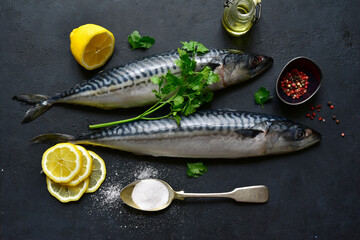 Raw organic mackerel with ingredients for making. Top view with copy space. - obrazy, fototapety, plakaty
