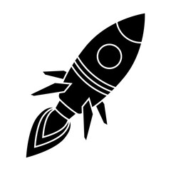 Flying rocket icon. Black spaceship is heading into space to Mars. Research flight with creative launch new startup successful vector project.