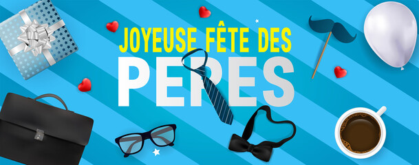 carte ou bandeau sur Joyeuse Fête des Pères en jaune et blanc  avec autour une cravate, lunette, noeud papillon, coeur , cadeau, ballon, cartable et une moustache sur un fond rayé bleu clair et foncé