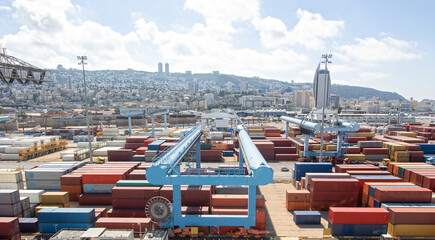 View of the City and Container Port at Haifa, Israel.   Largest of Israel 's three major international seaports