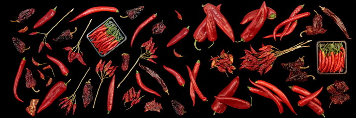 Isolated Peppers Collection. Various Red Hot Chili, Cayenne And Other Peppers Selection Isolated On...