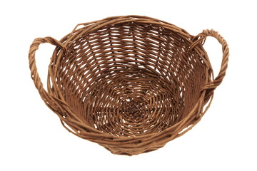 Round Wicker Picnic Gift Wine Food Basket Isolated On White Background, Top View. Rattan Wicker Basket Isolated On White.