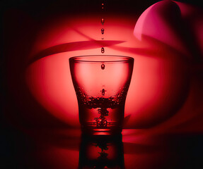 Water drops in a glass on a red background. Abstraction